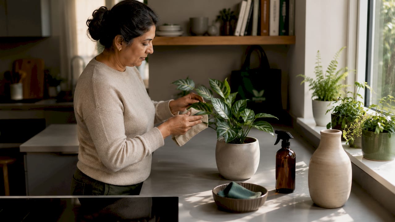 Une femme prend soin de dépoussiérer une plante artificielle.
