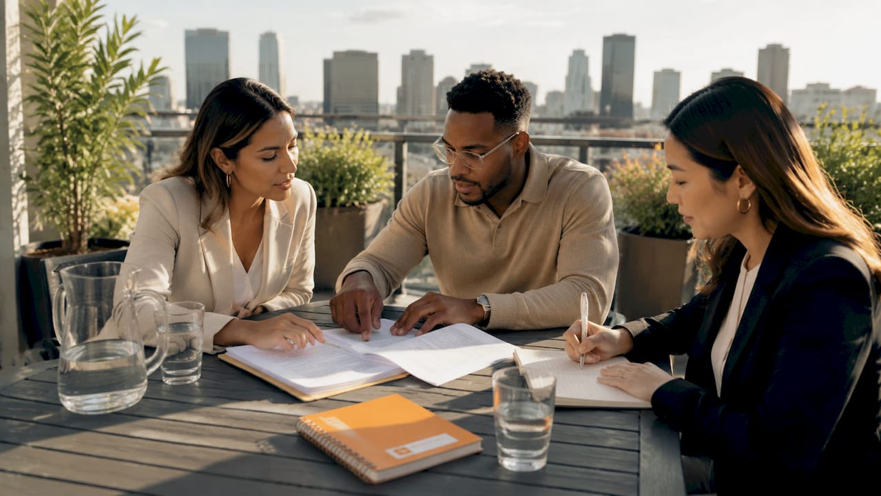 Legal team discussing page-cited reports around table