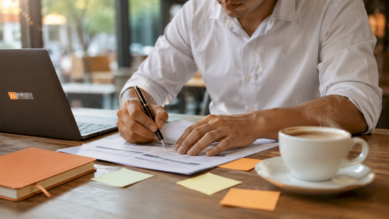 Hands editing a printed legal output template