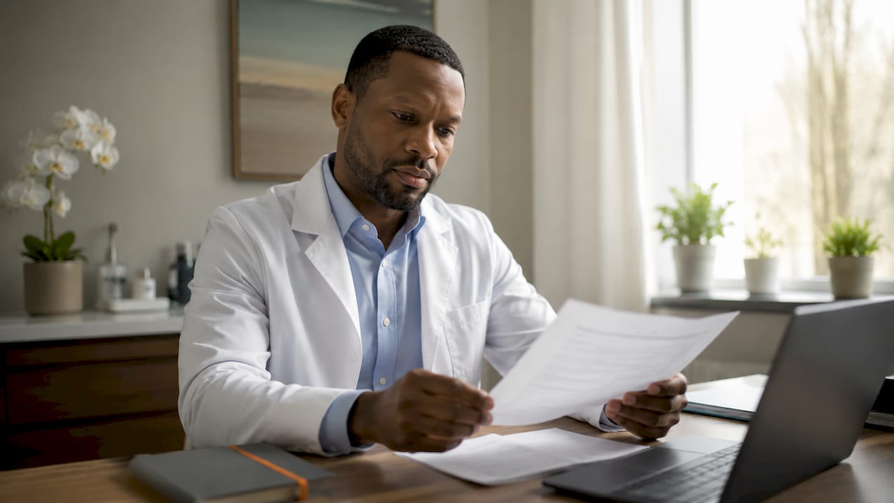Doctor holding medical report in exam room