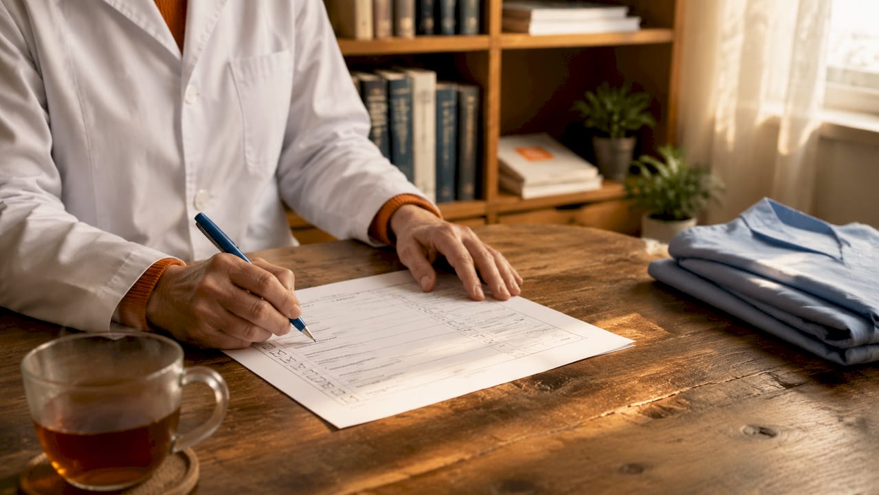 Doctor marking IME checklist in clinical room