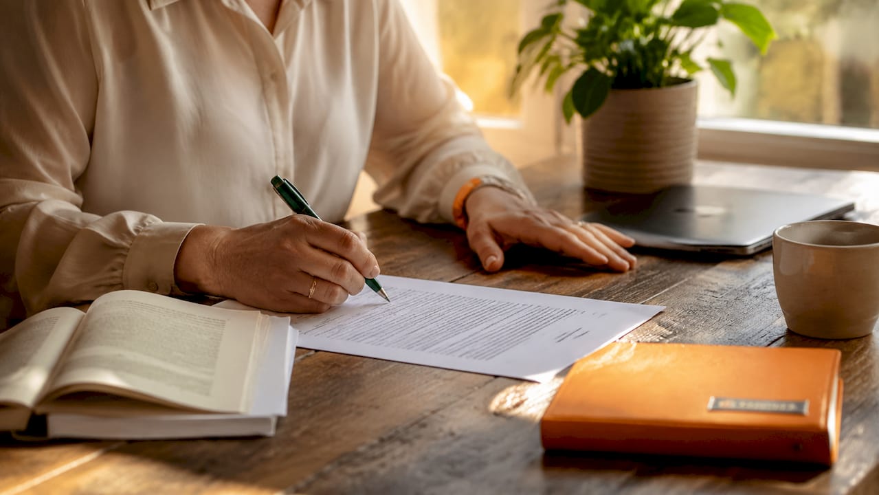 Close-up of hands reviewing documents with pen