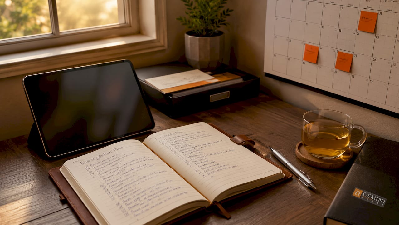 Overhead view of investigation checklist and calendar on desk