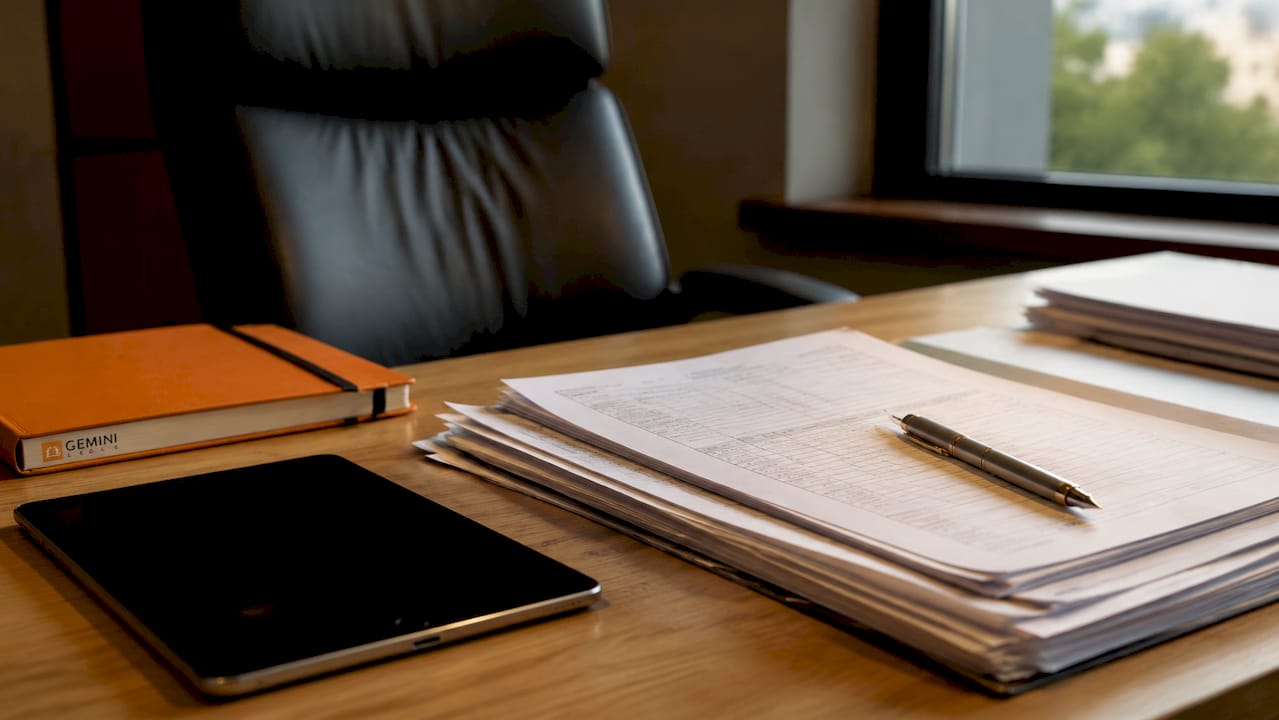 Overhead view of medical record documents and digital tools