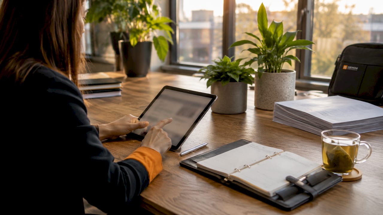 Hands using tablet with document management interface