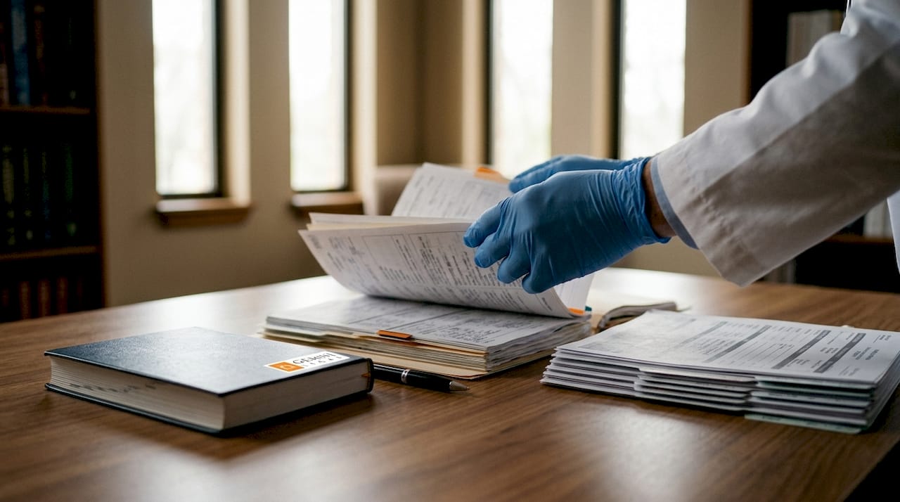 Physician hands holding medical chart on desk