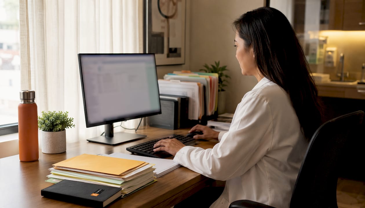 Medical office workspace with documents and digital devices