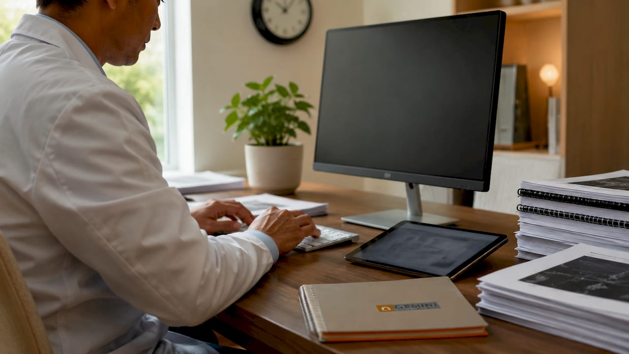 Physician's hands typing beside medical documents and device