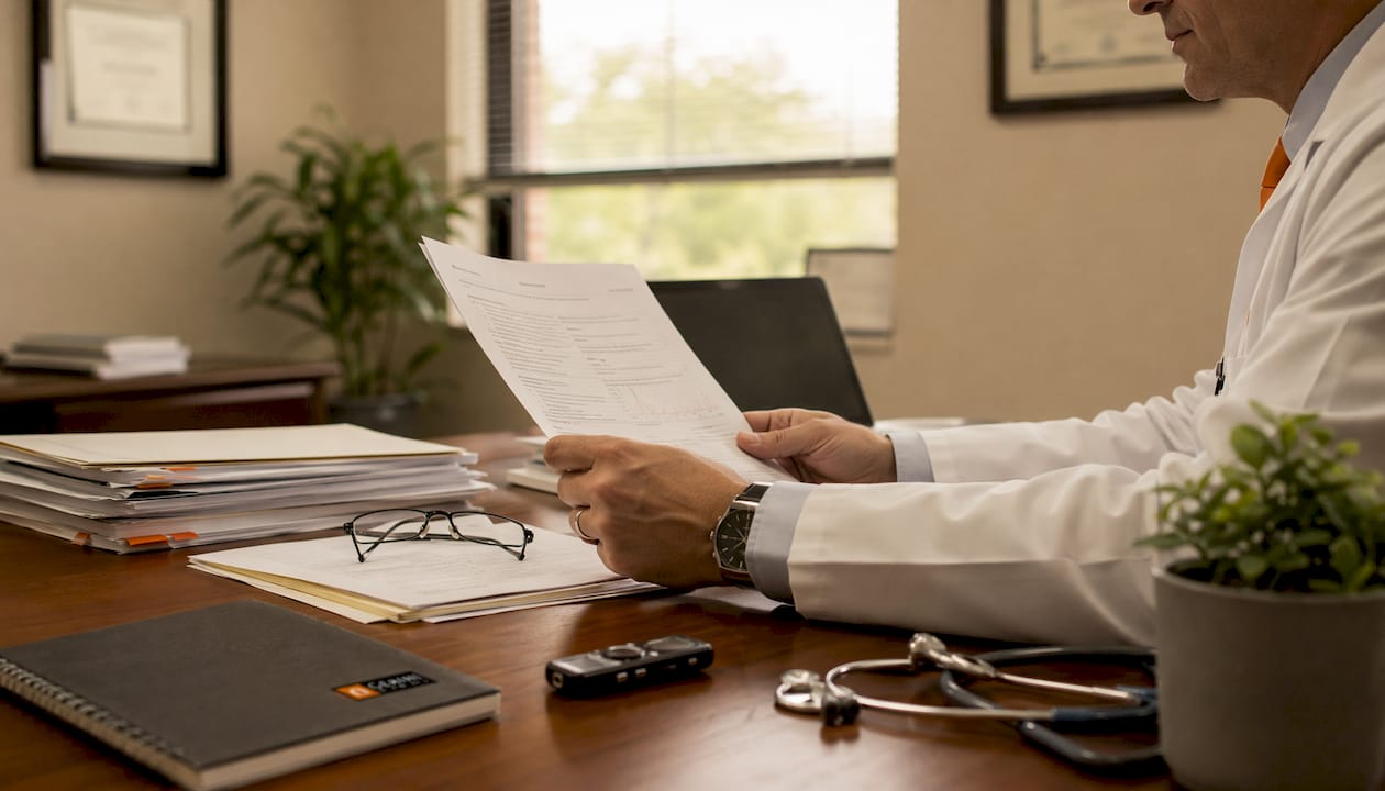Physician's desk with medical records and equipment
