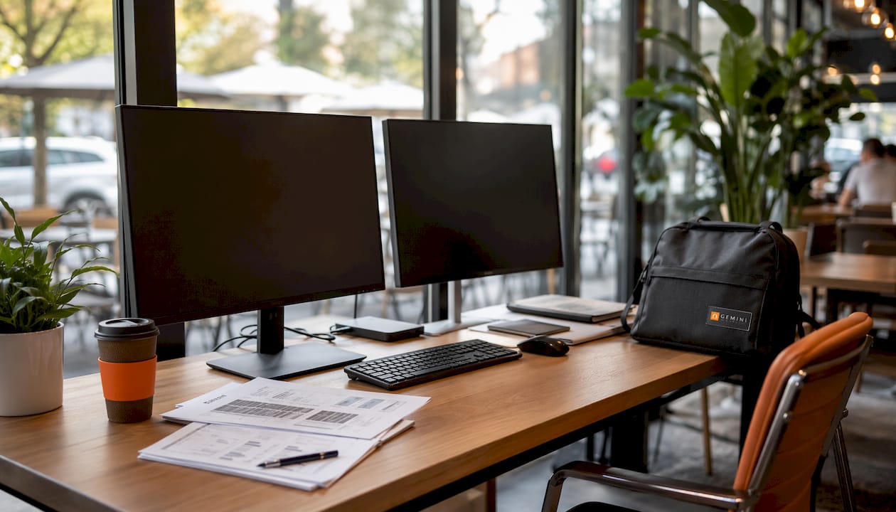 Digital workspace with medical data printouts and monitors