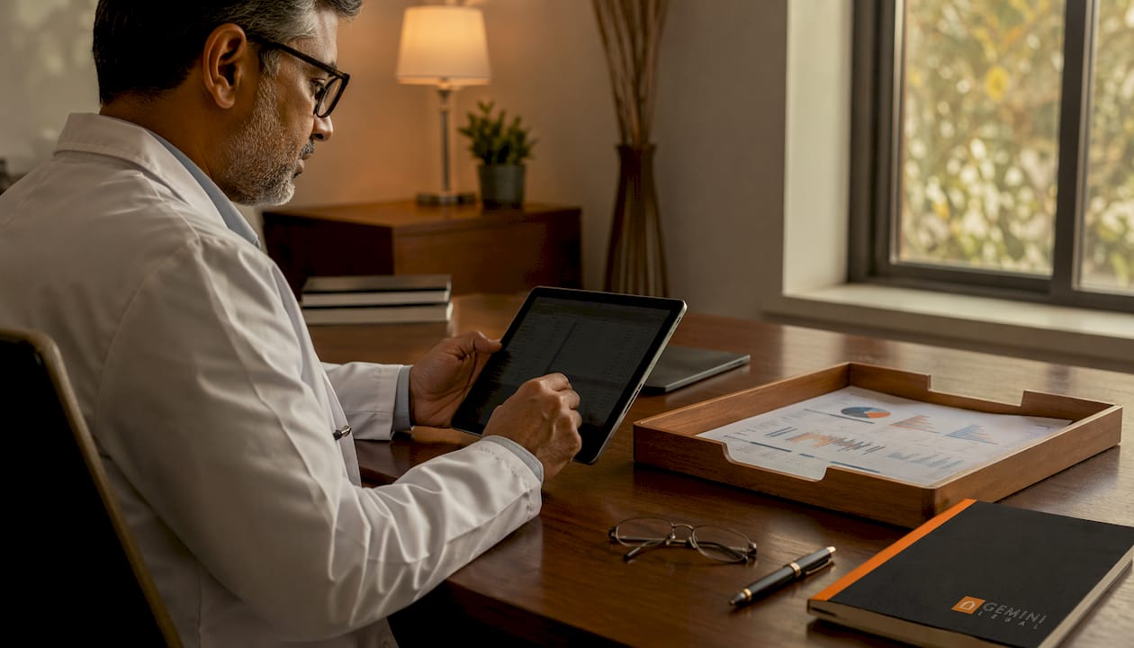 Close-up office desk with medical records and digital tools