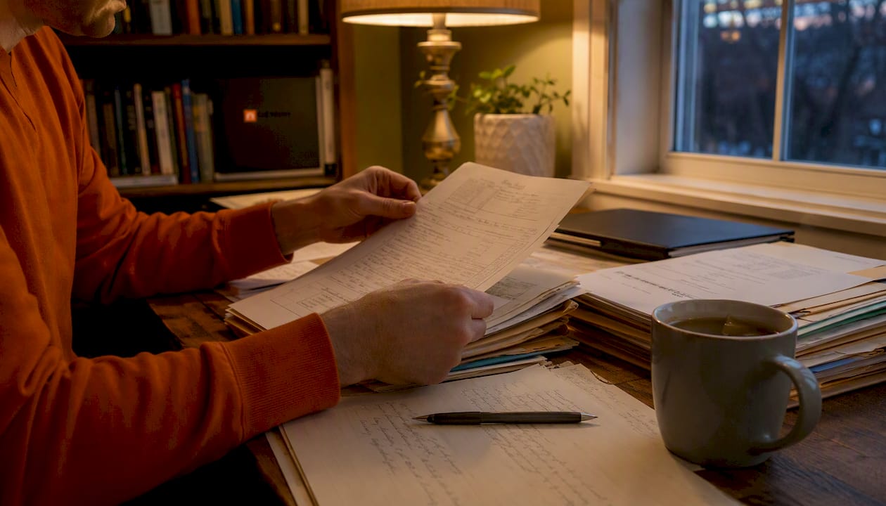 Overhead view of physician reviewing medical records