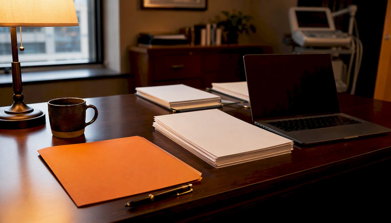 Medical-legal desktop with devices and documents