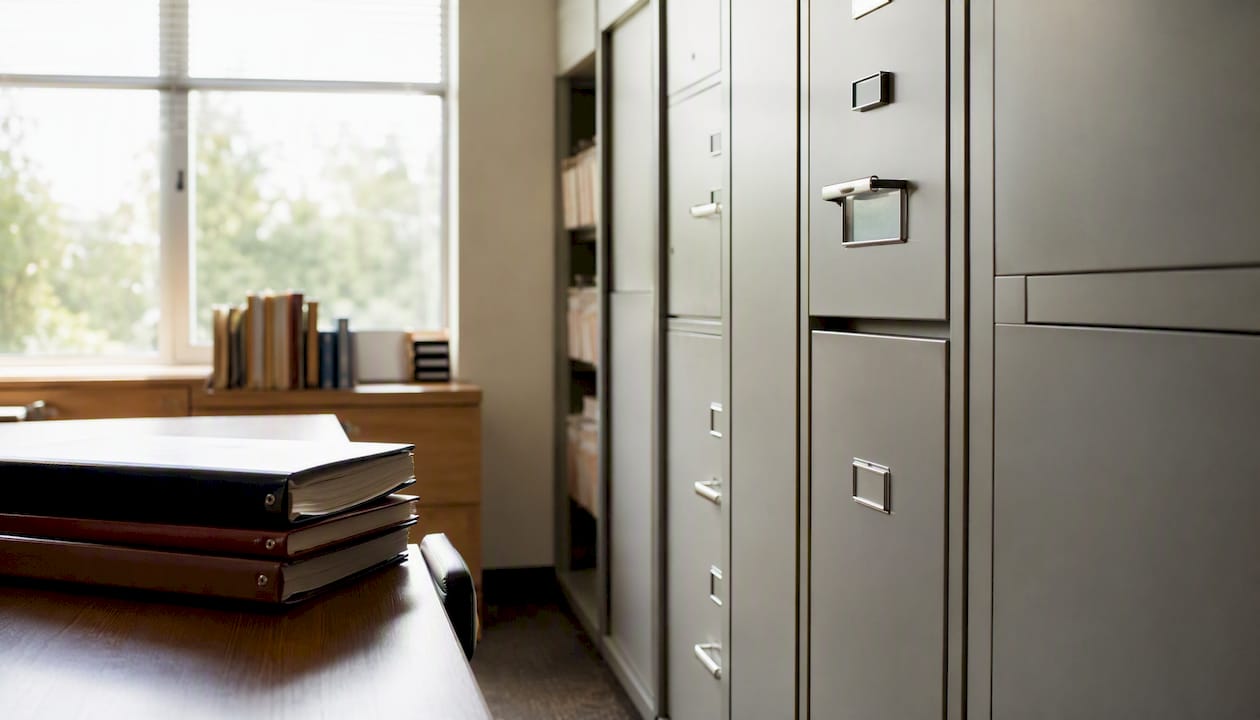 Medical records storage area with locked cabinets