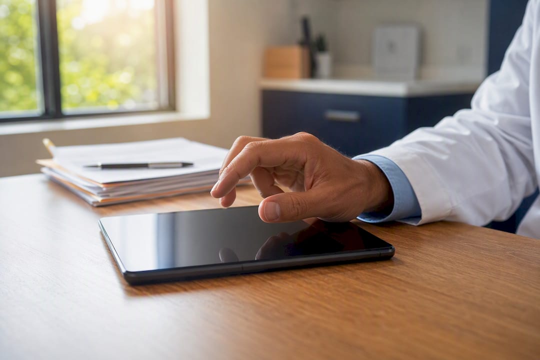 Hand poised to touch tablet in medical office