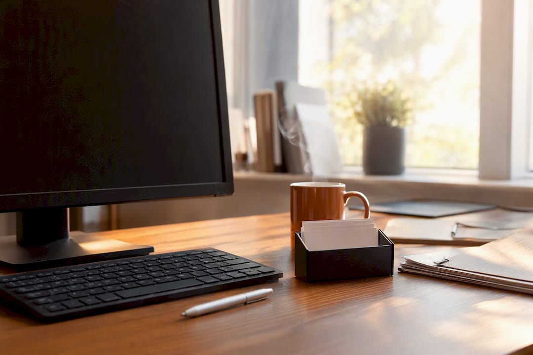 Desk with turned-off monitor and citation tools