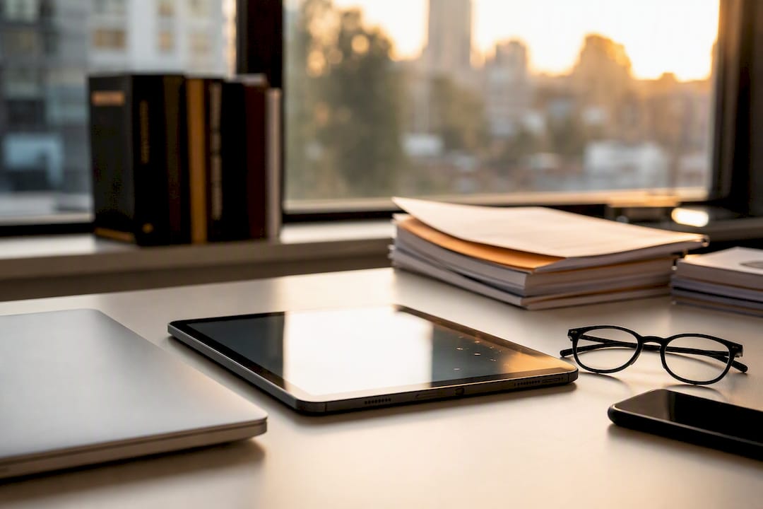 Medical-legal desk with digital devices and citation tools