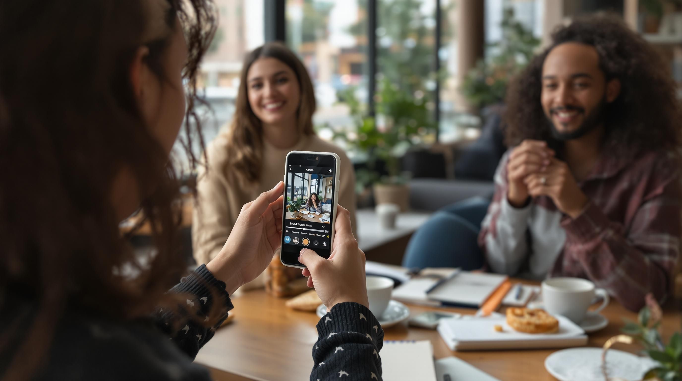 Micro-influencer photographing product in cafe with 'Brand Trust' on phone