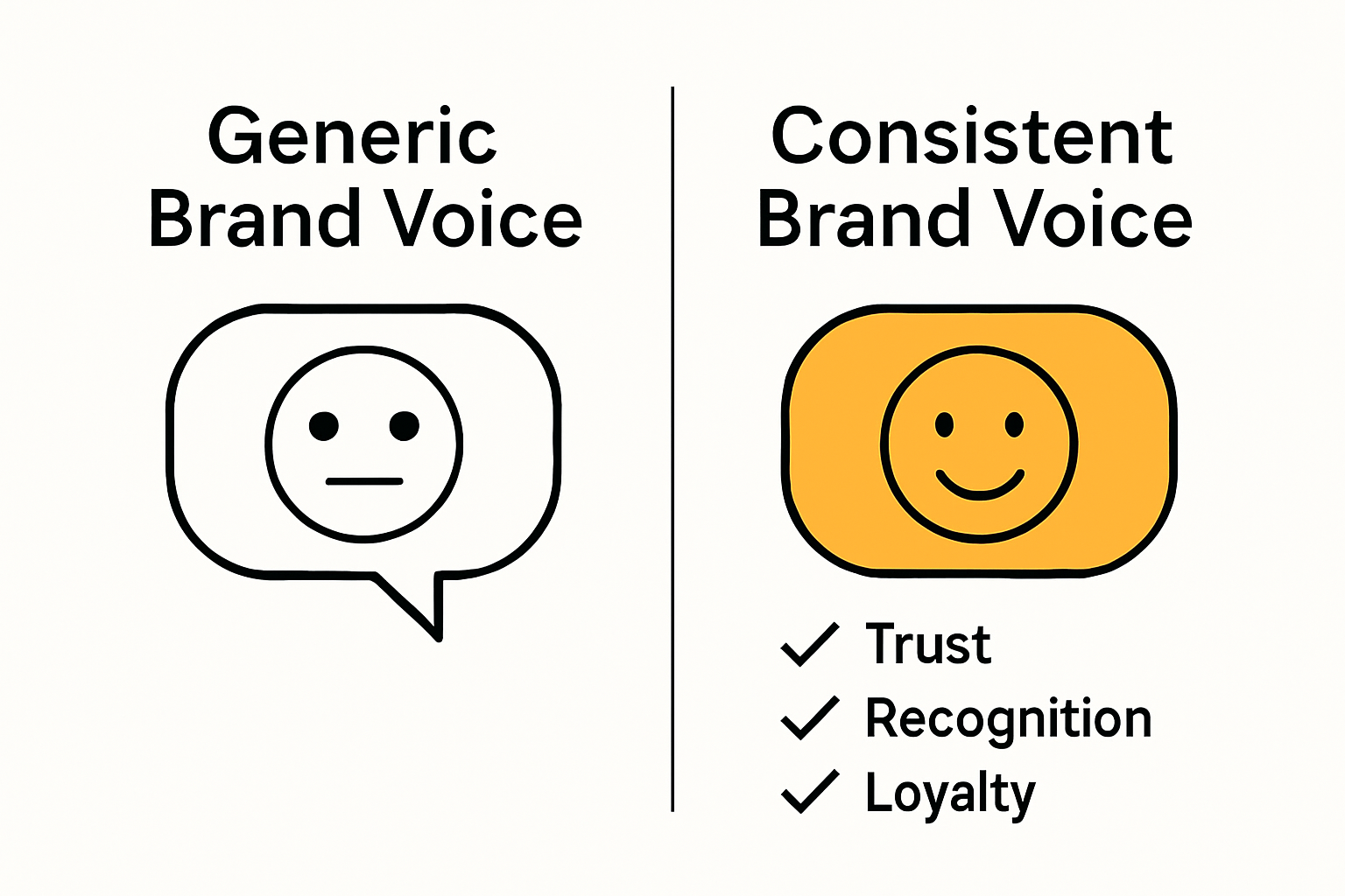 Comparison of generic vs. consistent brand voice showing impact on trust, recognition, loyalty