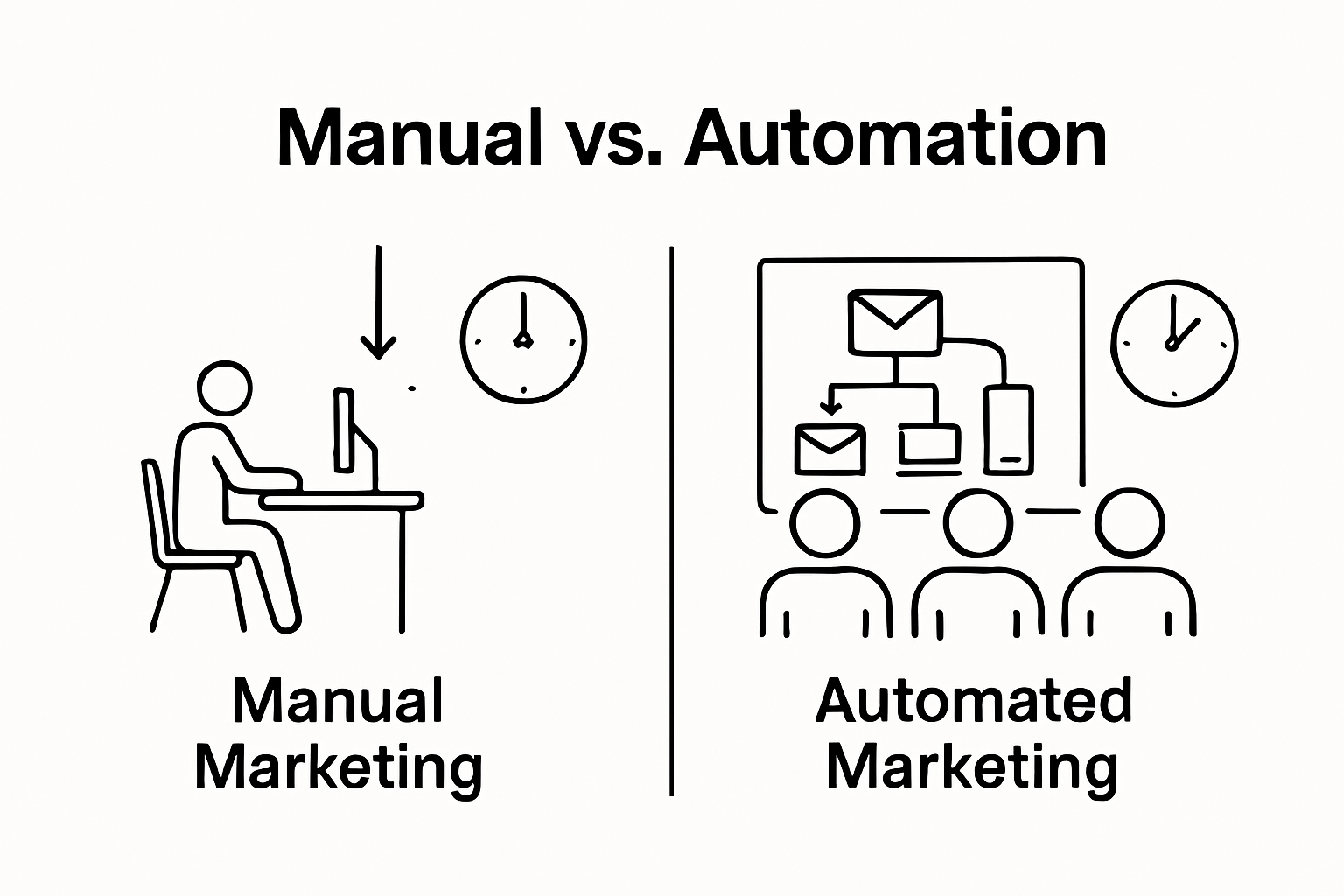 Manual vs automated marketing workflow diagram showing key differences
