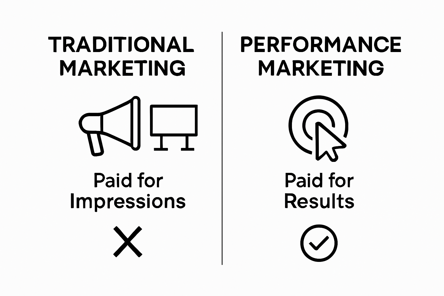 Infographic comparing how traditional and performance marketing models pay for advertising.