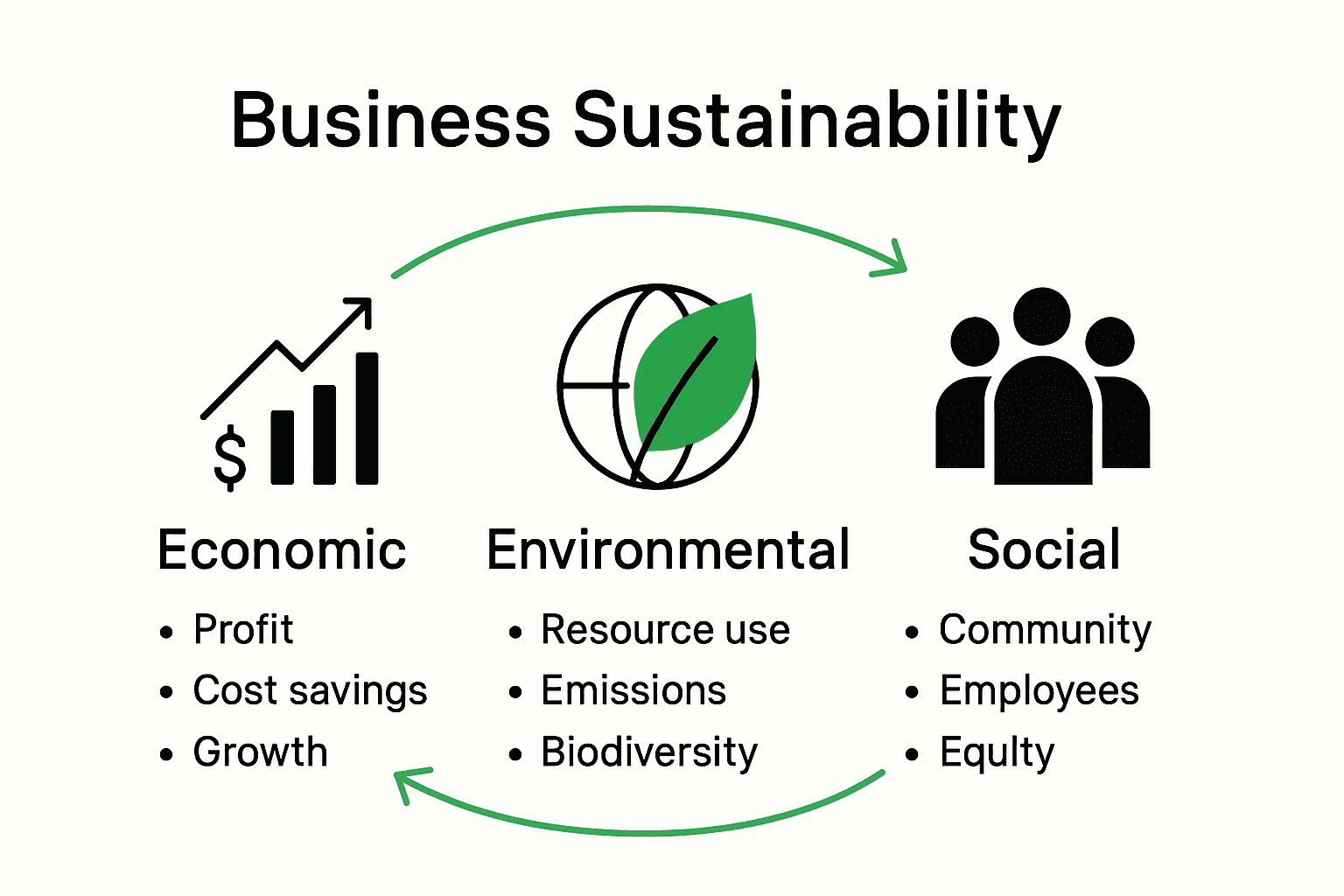Infographic comparing economic, environmental, and social pillars of business sustainability.