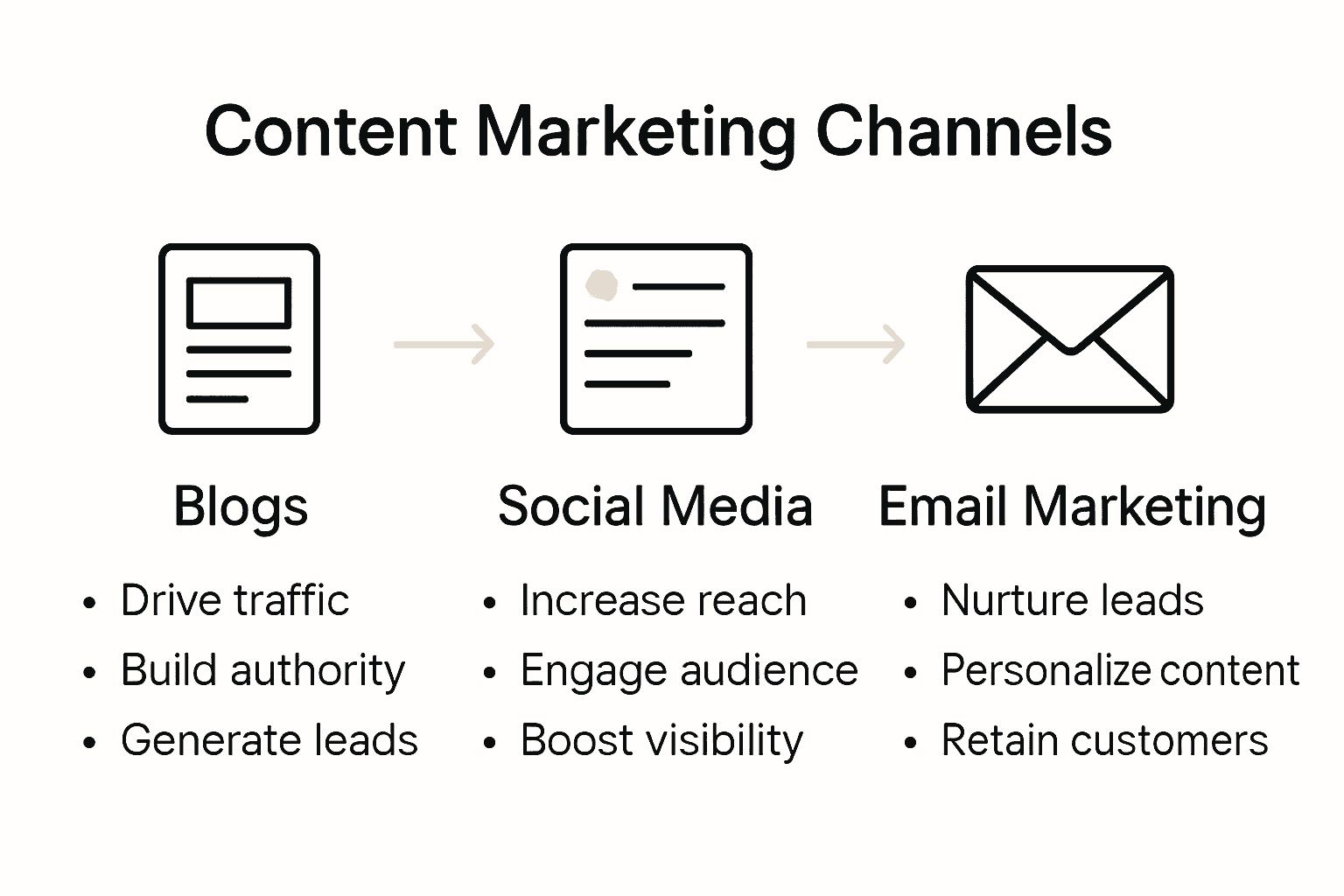 Infographic comparing blogs, social media, and email marketing with icons and benefits.