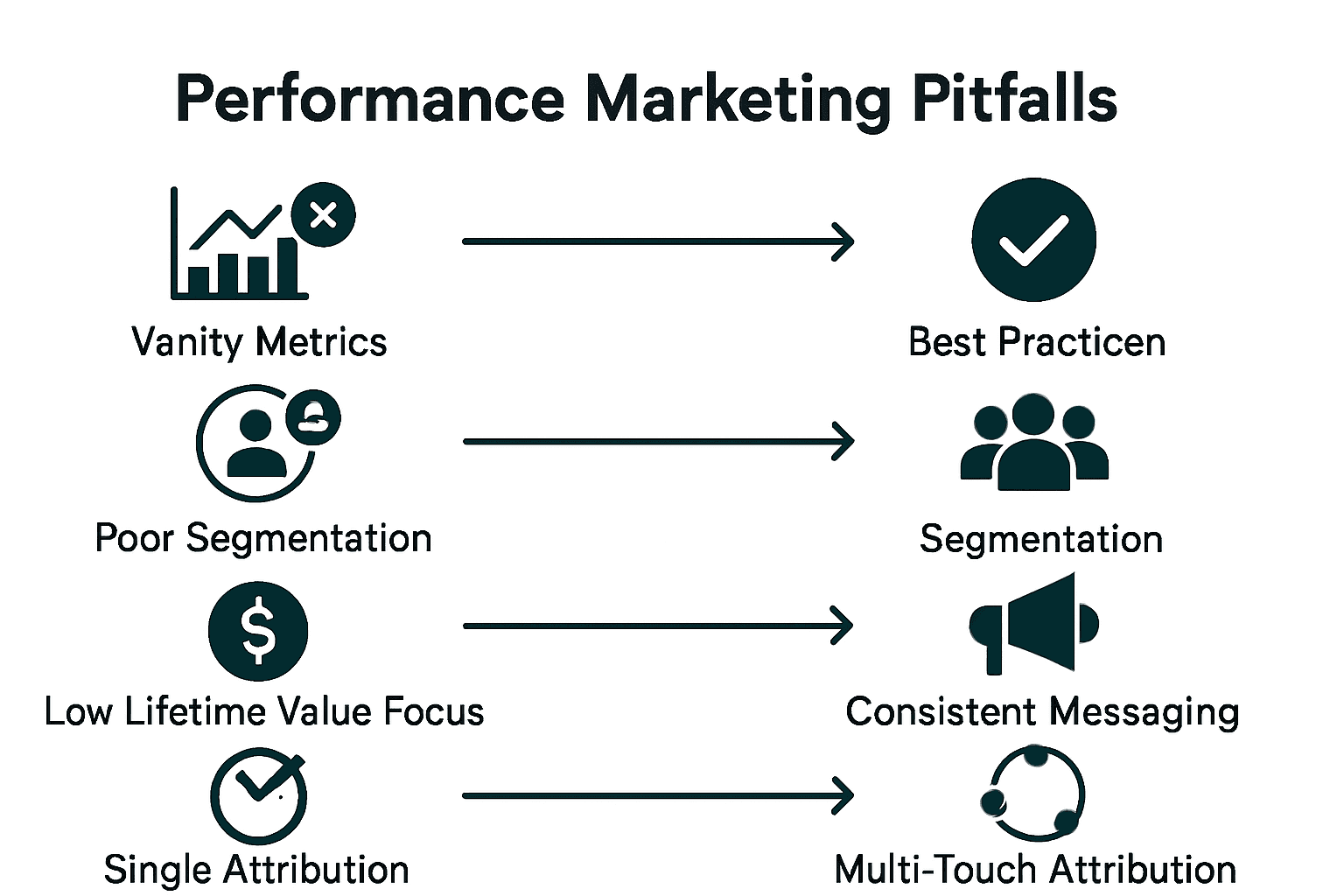 Infographic showing major performance marketing pitfalls and their solutions.