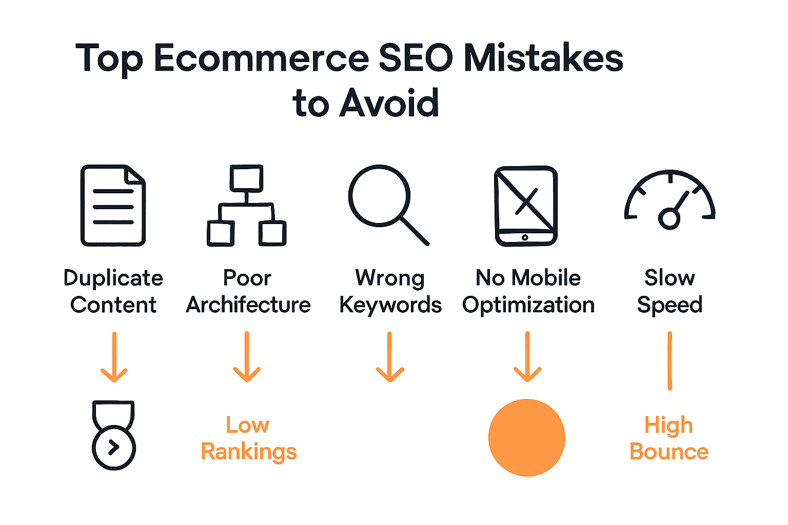 Infographic showing top 5 common SEO mistakes for ecommerce brands.