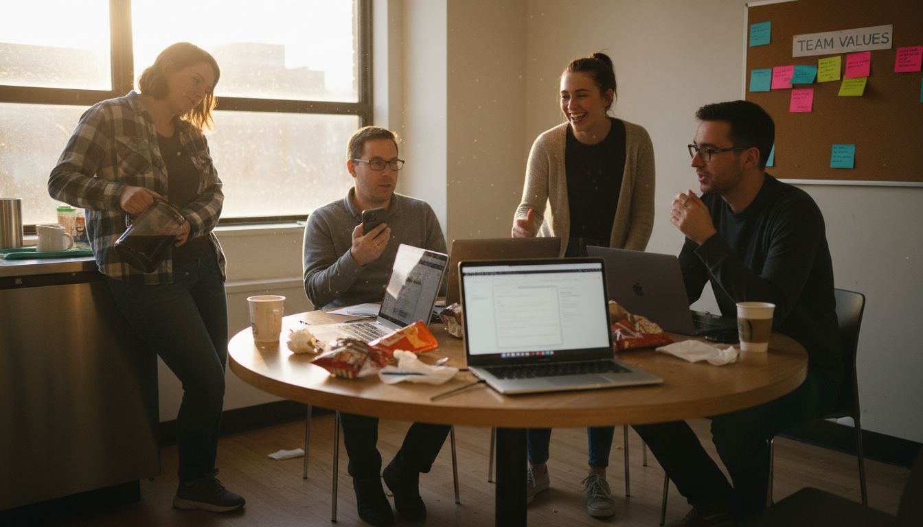 Coworkers discuss in lively office breakroom