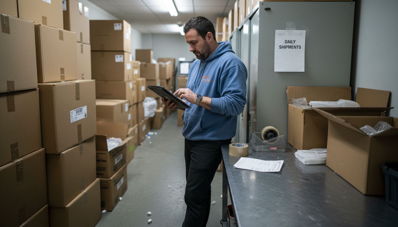 Worker manages ecommerce inventory in stockroom