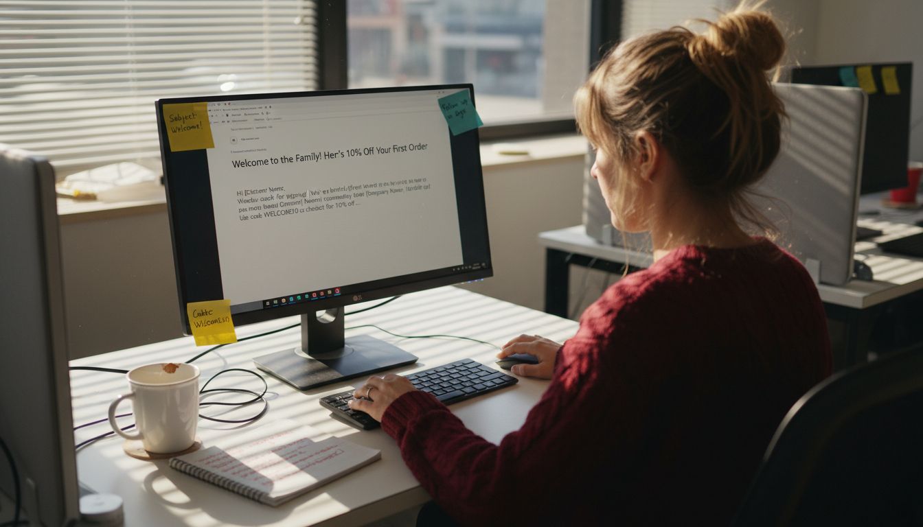 Ecommerce marketer drafting nurturing email