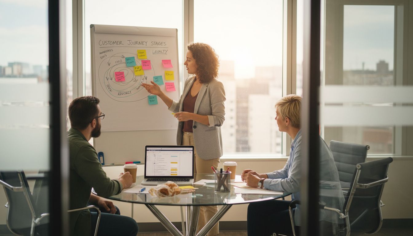 Team mapping customer journey stages on whiteboard