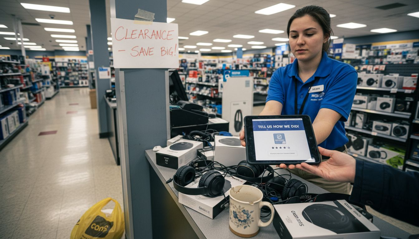 Retail associate collecting feedback at checkout