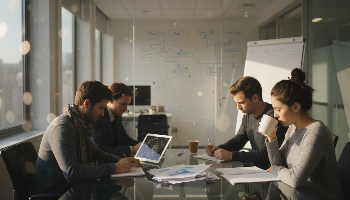 Team brainstorming session with notes and coffee