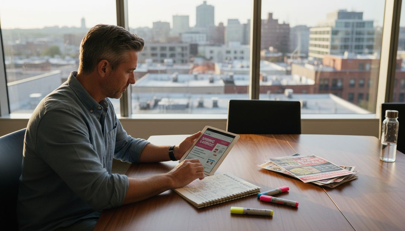 Marketer drafts promotional newsletter in meeting room