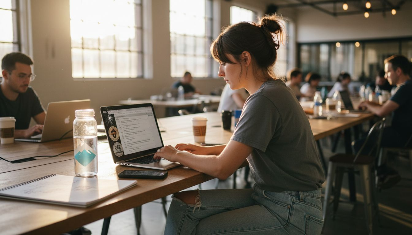 Woman emailing testimonial requests coworking