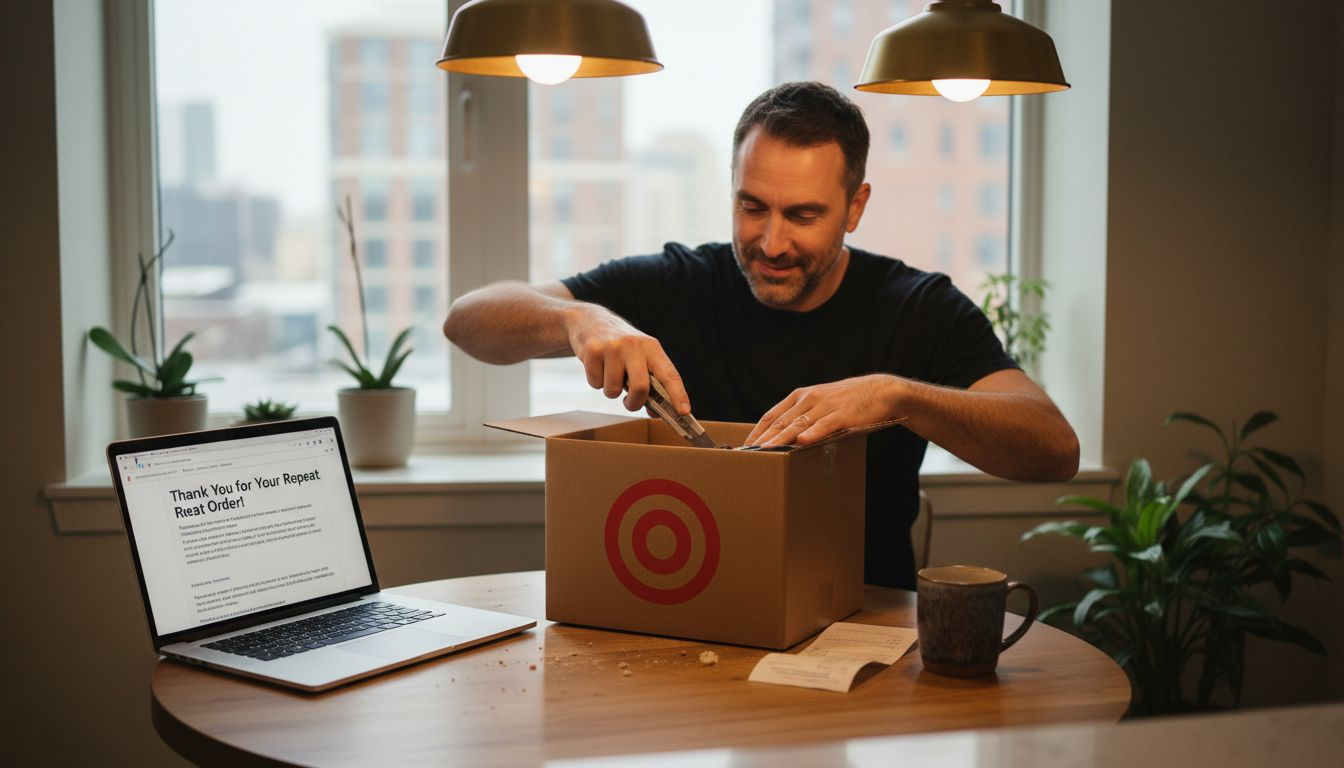 Online shopper opening repeat order package