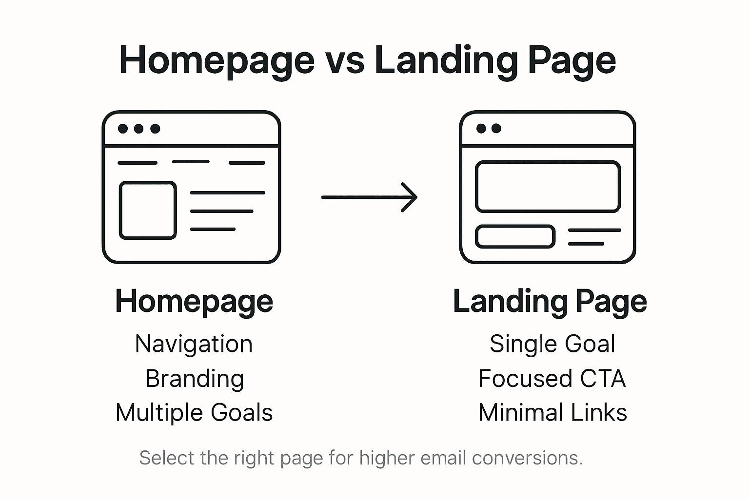 Infographic contrasting homepage and landing page features