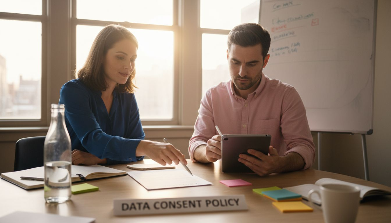 Colleagues discussing data privacy policy