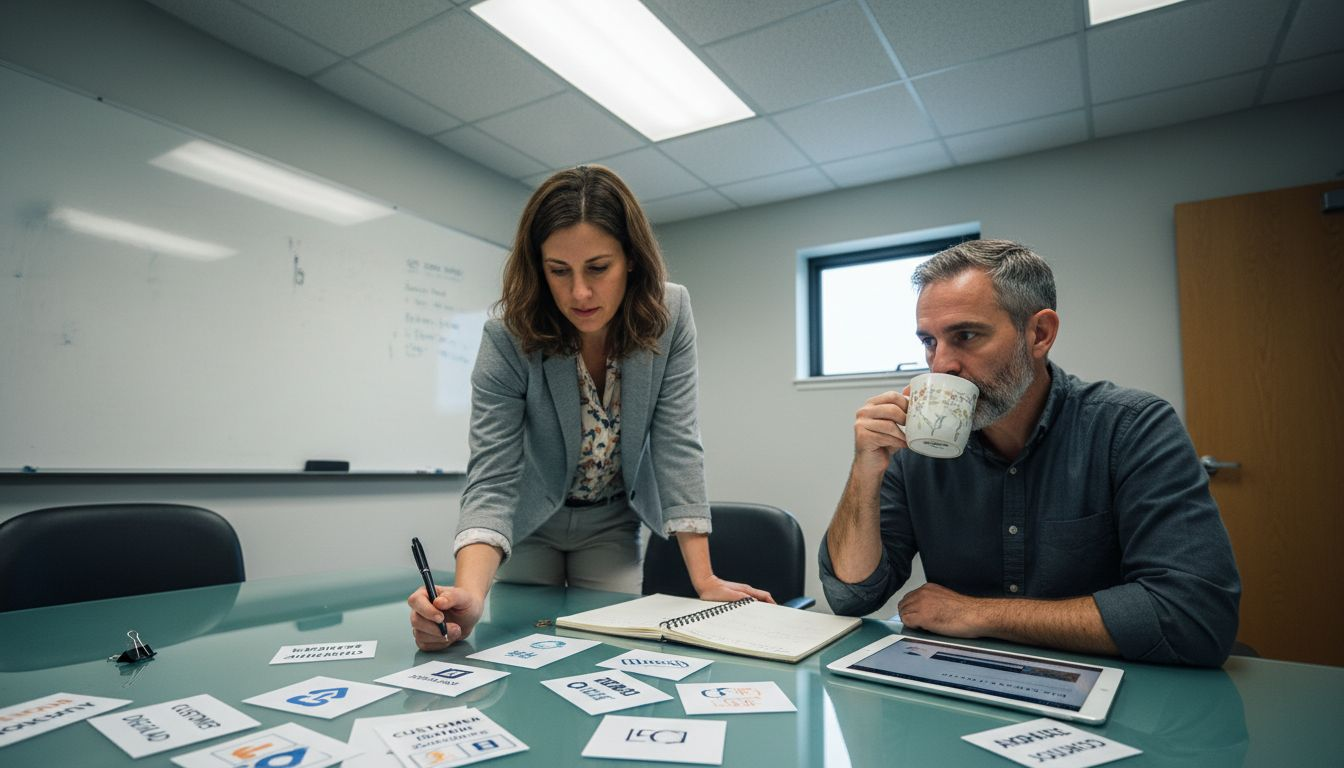 Marketers reviewing printed customer journey cards