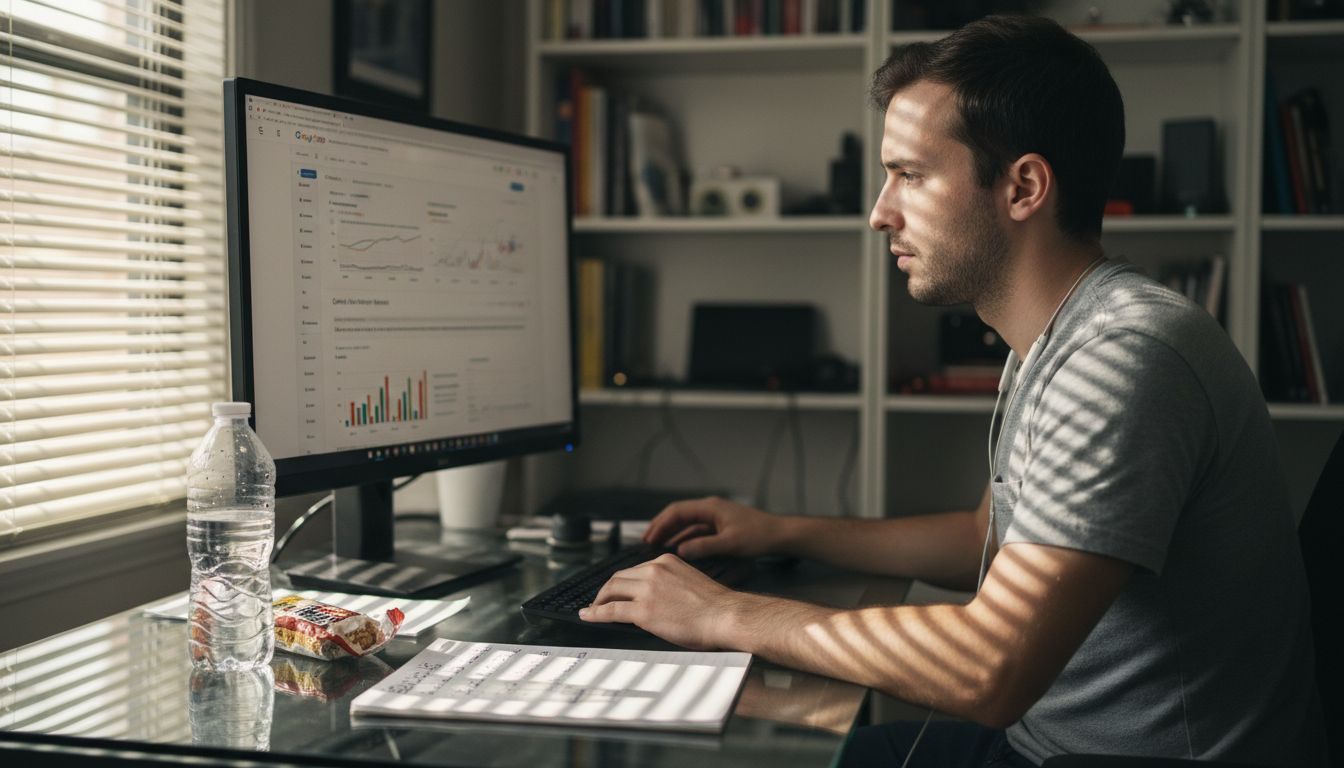 Marketer researching content with messy desk