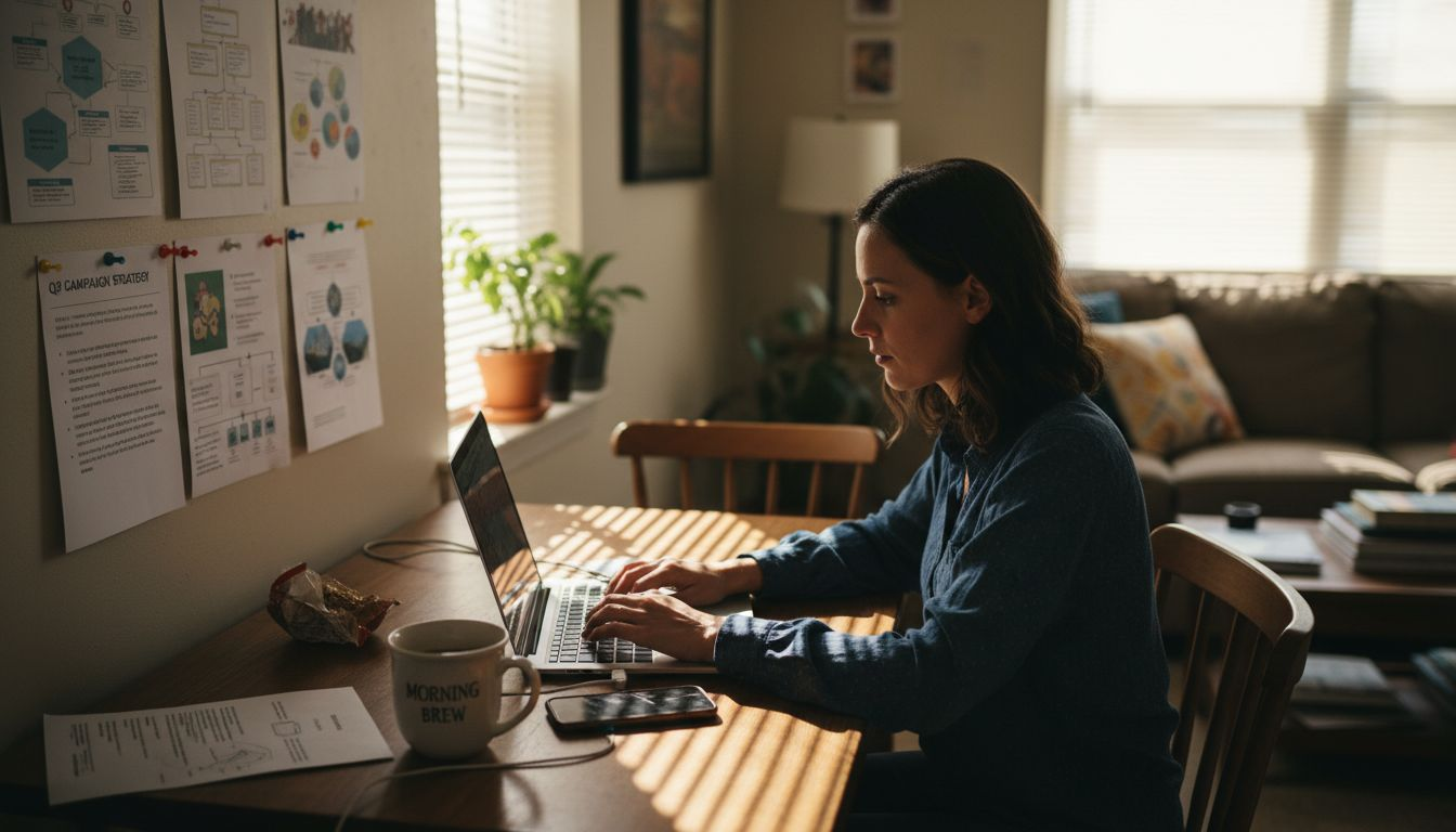 Marketer working from home kitchen table