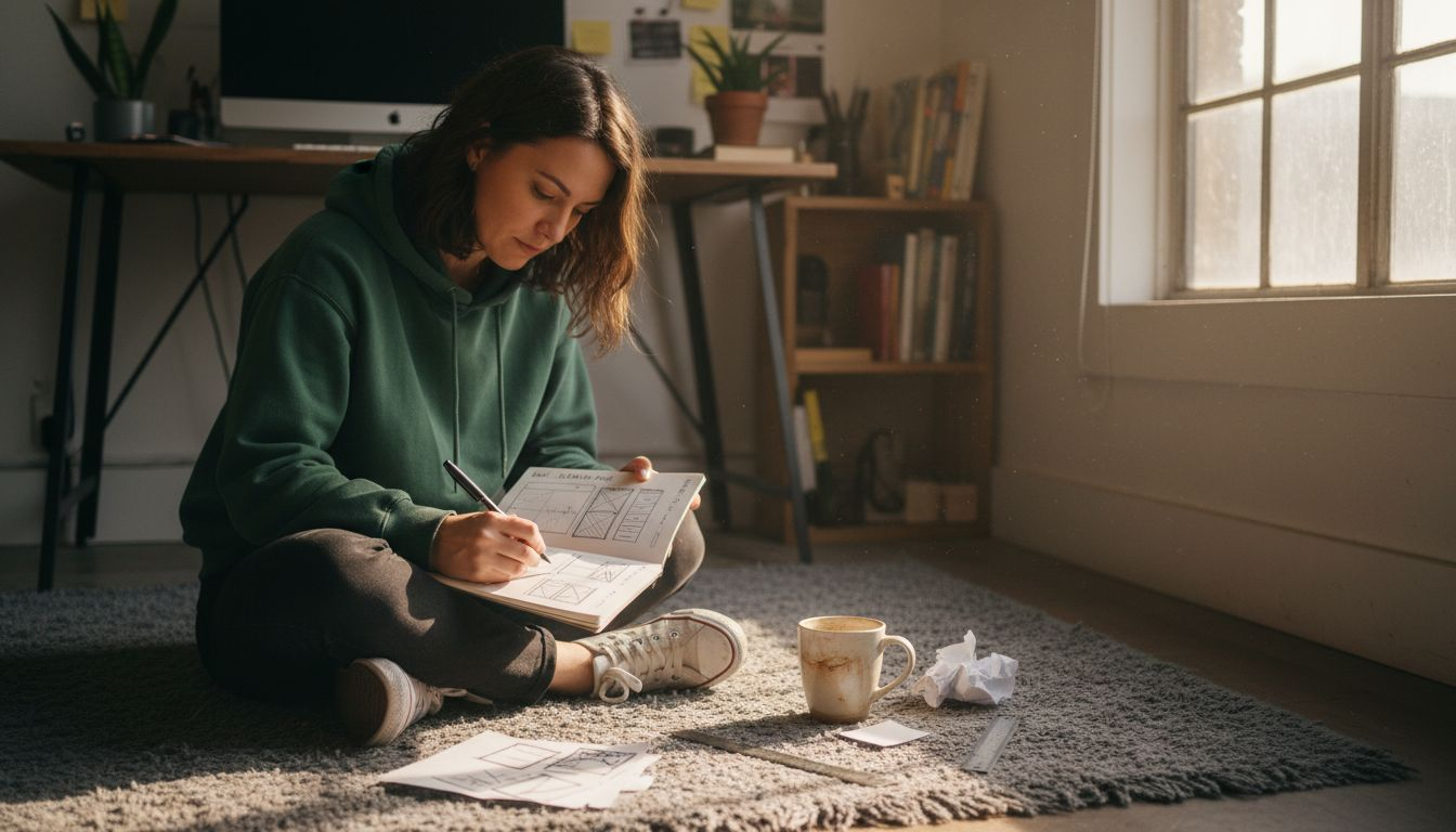 Designer sketching landing page components in notebook