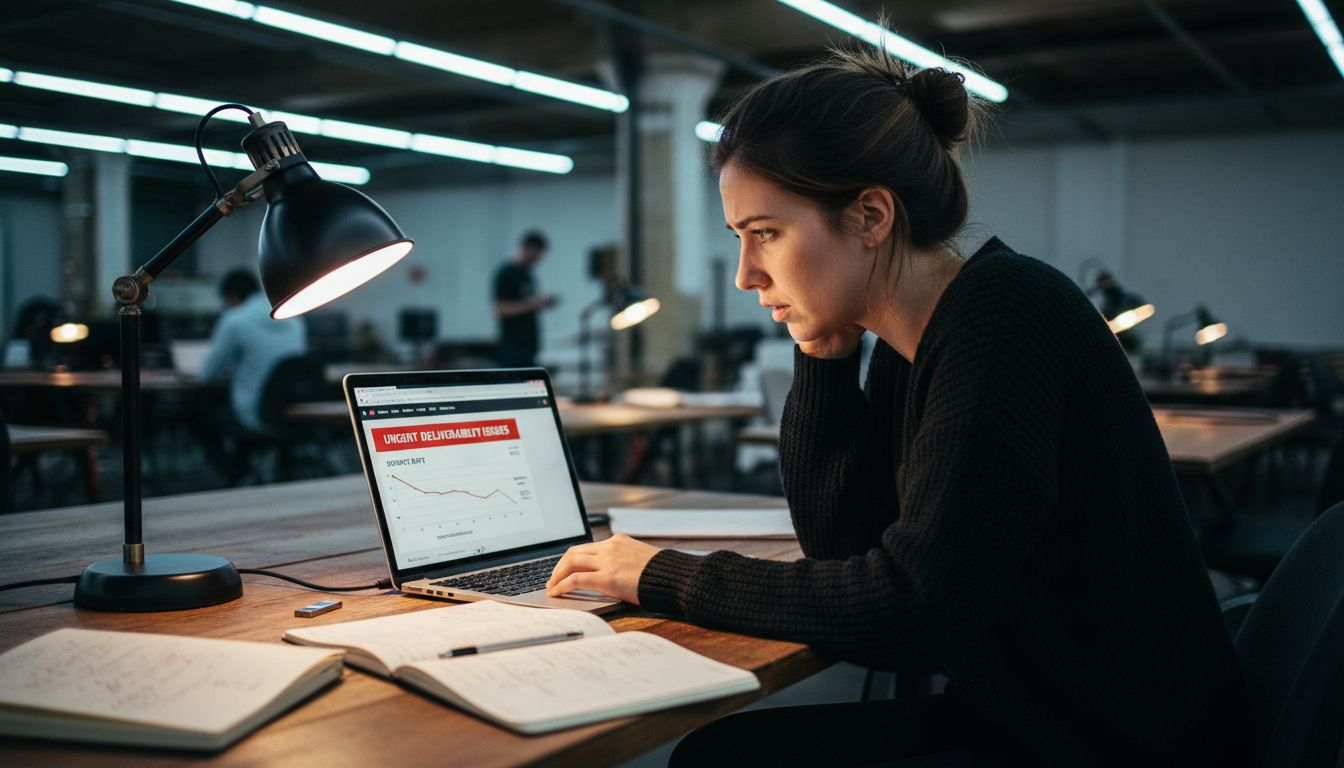 Woman viewing email technical errors on laptop