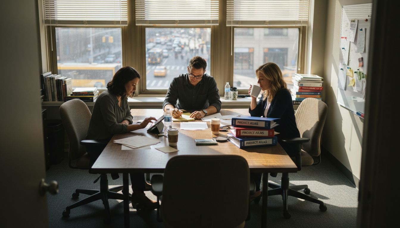 Team meeting at content agency conference table