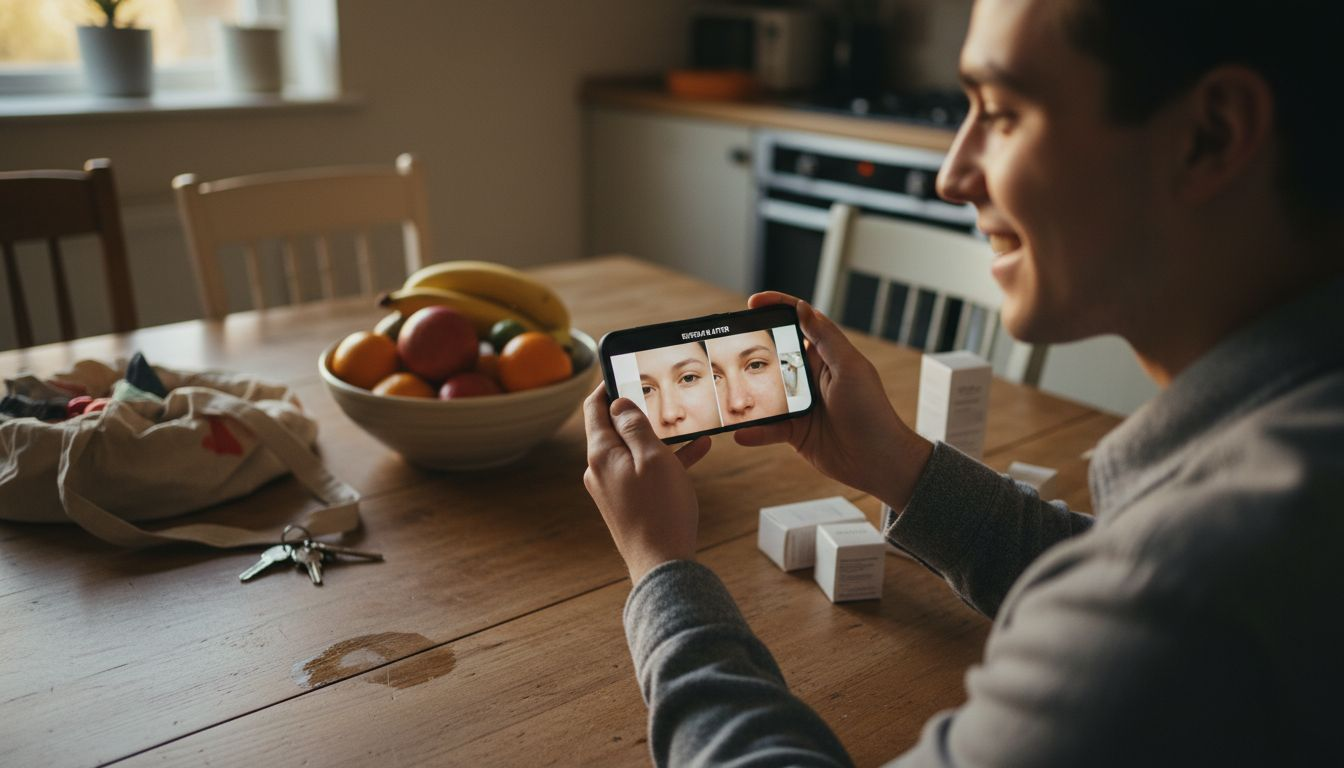 Customer shows before-after skincare testimonial photo