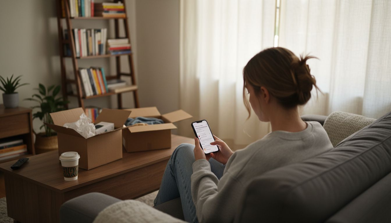Customer reading reviews in cozy apartment