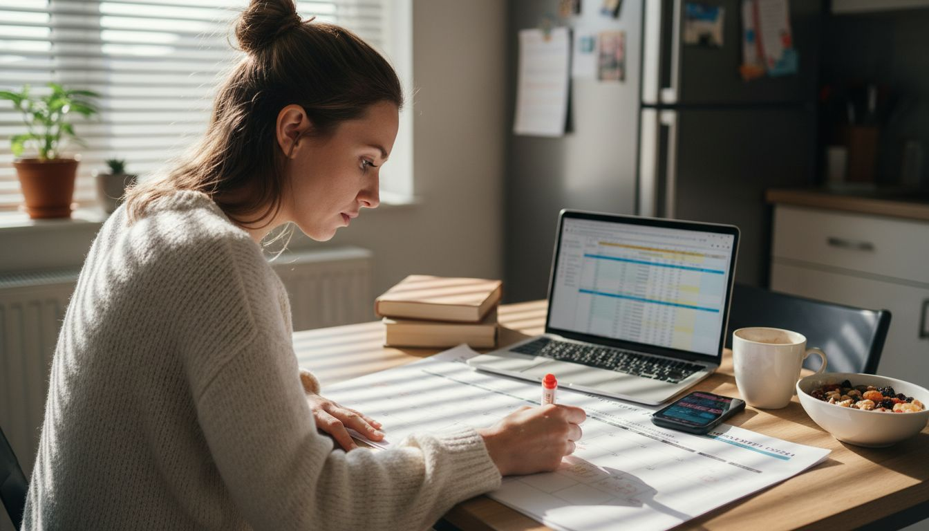 Woman creating social content calendar at kitchen table