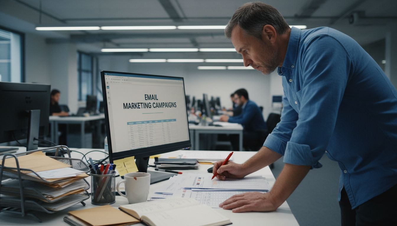 Manager checking email campaign schedules with dashboard